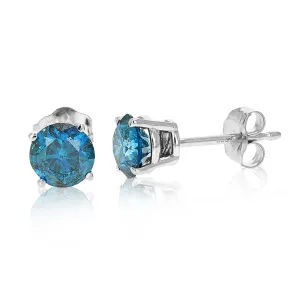 1 cttw Blue Diamond Stud Earrings 14K White Gold Round Shape with Push Backs Prong Set