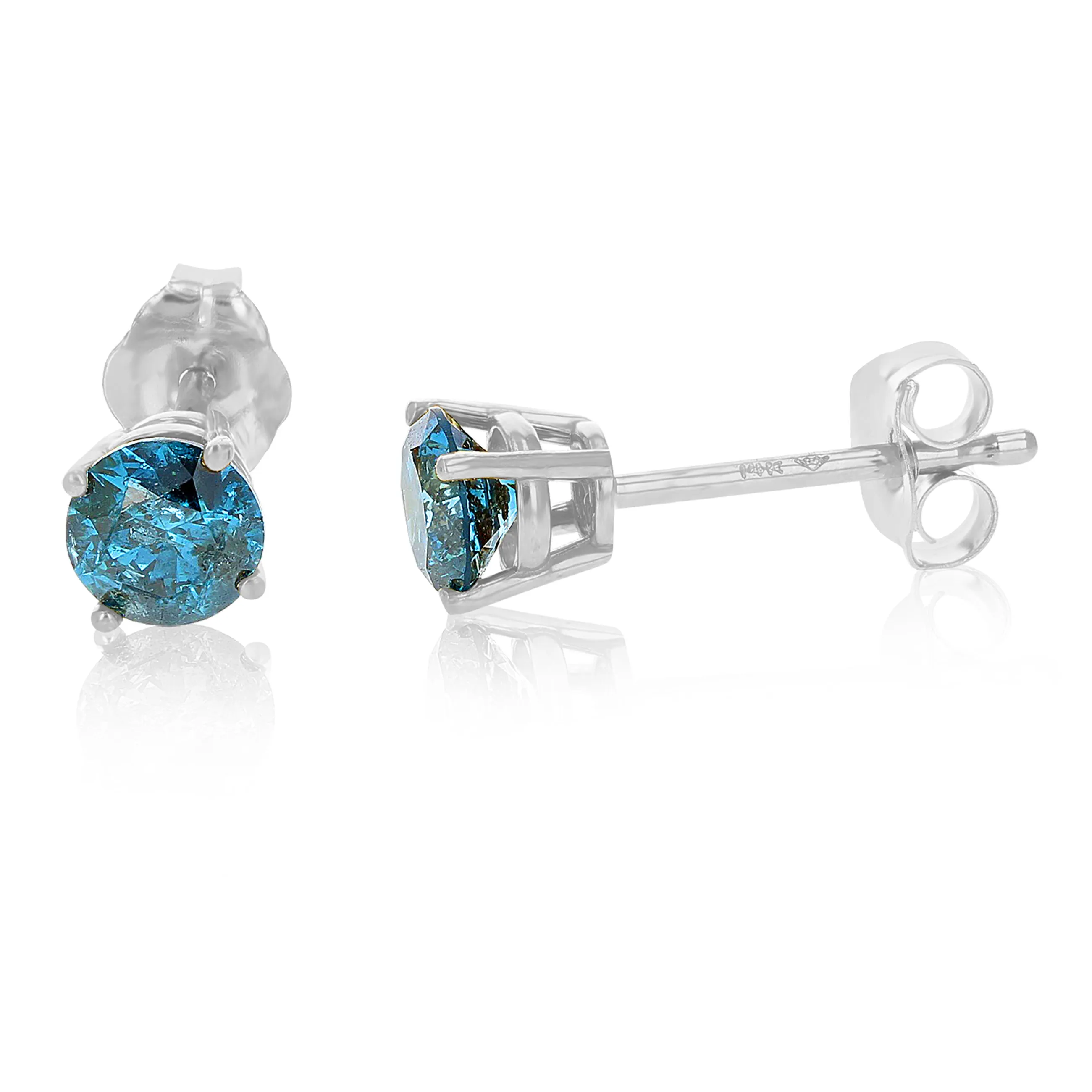 1 cttw Blue Diamond Stud Earrings 14K White Gold Round Shape with Push Backs Prong Set