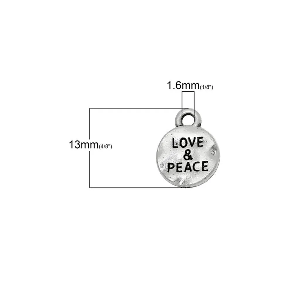 10 Pcs Tibetan Silver "LOVE & PEACE" CARVED DISC 13mm x 10mm Charms Pendants, Lead & Nickel Free Metal Charms Pendants Beads