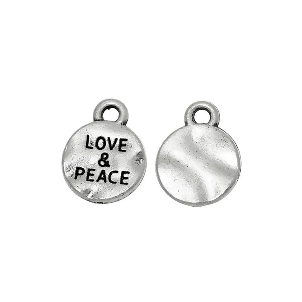 10 Pcs Tibetan Silver "LOVE & PEACE" CARVED DISC 13mm x 10mm Charms Pendants, Lead & Nickel Free Metal Charms Pendants Beads