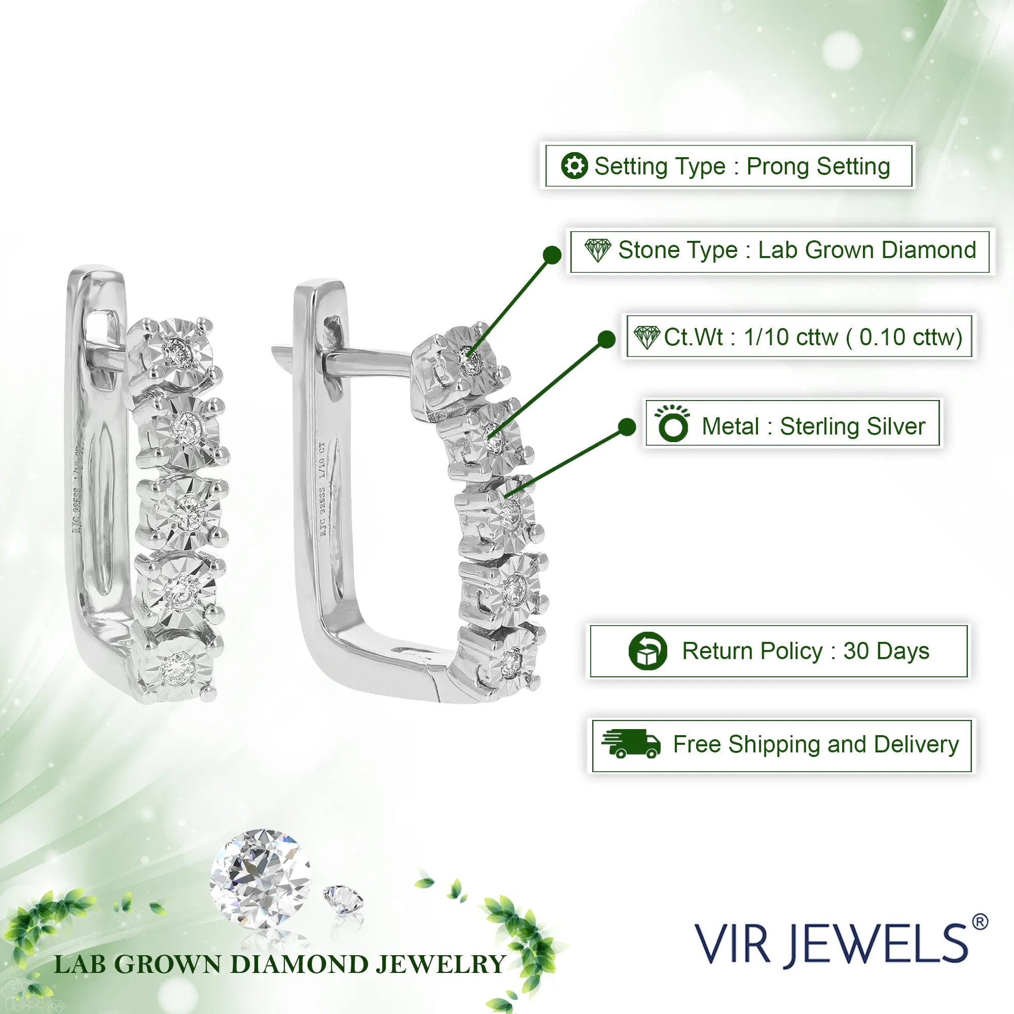 1/10 cttw Round Lab Grown Diamond Hoop Earrings in .925 Sterling Silver Prong Set 1/2 Inch