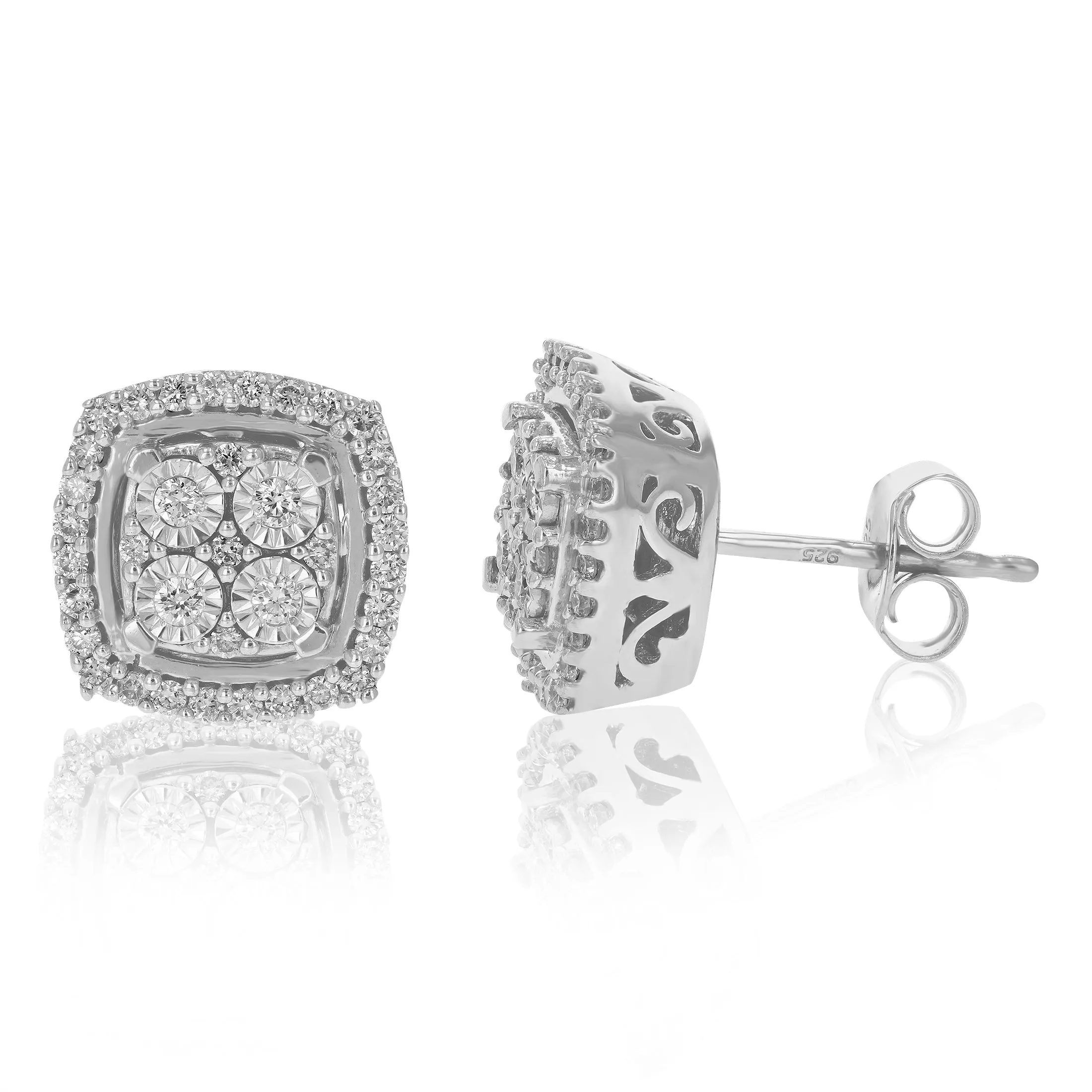 1/2 cttw Round Lab Grown Diamond Square Stud Earrings .925 Sterling Silver Prong Set