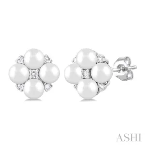 1/20 Ctw Floral 3 MM Cultured Pearl and Round Cut Diamond Fashion Stud Earring in 10K White Gold