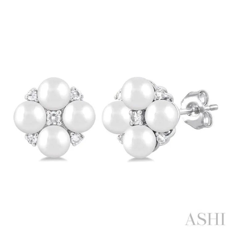 1/20 Ctw Floral 3 MM Cultured Pearl and Round Cut Diamond Fashion Stud Earring in 10K White Gold