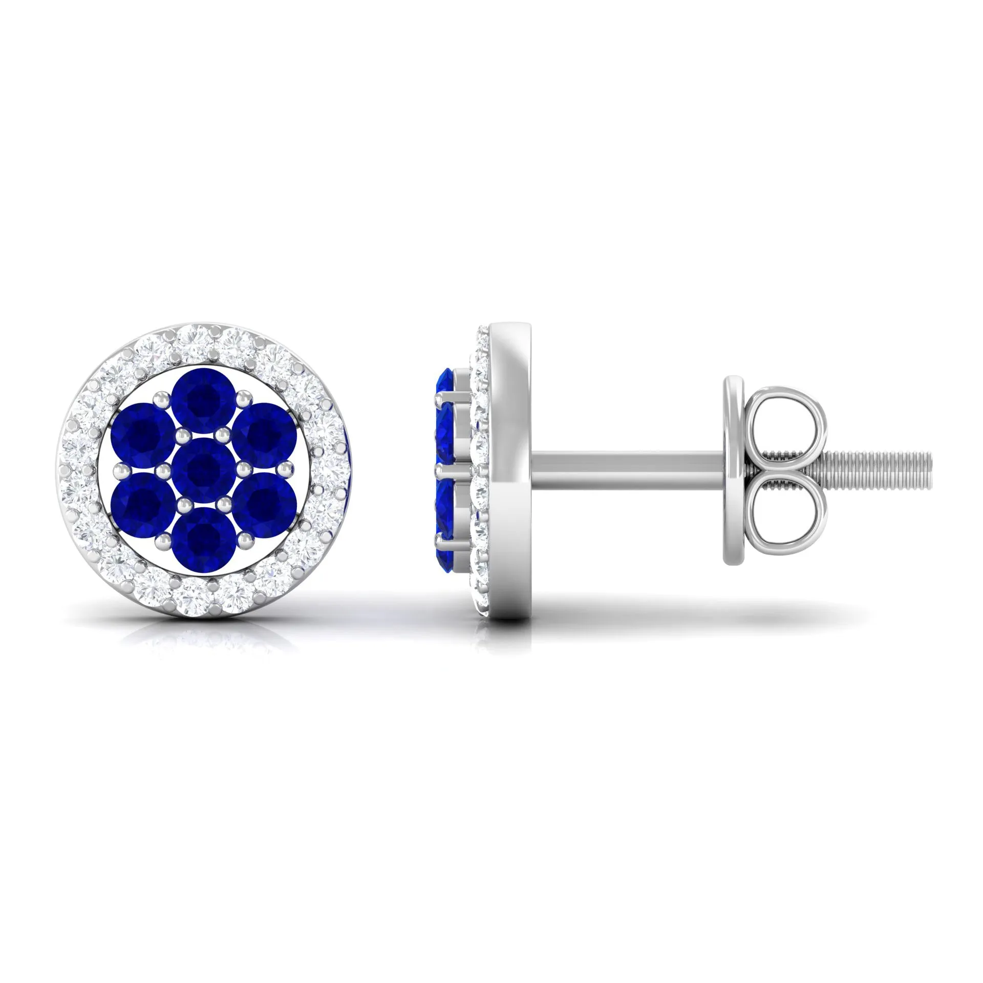 1/4 CT Created Blue Sapphire Cluster Earrings with Diamond Halo