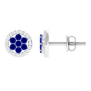 1/4 CT Created Blue Sapphire Cluster Earrings with Diamond Halo