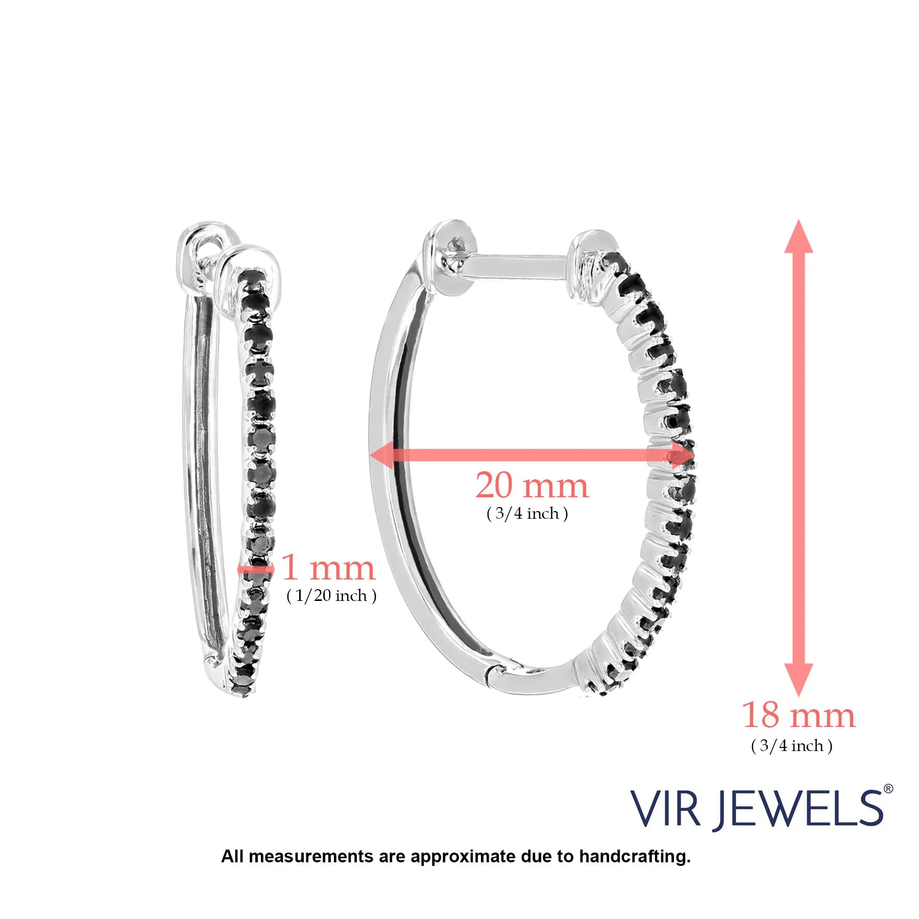 1/4 cttw Black Diamond Hoop Earrings .925 Sterling Silver Prong Set 3/4 Inch