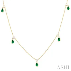 1/4 ctw Round Cut Diamonds and 5X3MM Pear Shape Emerald Precious Station Necklace in 10K Yellow Gold