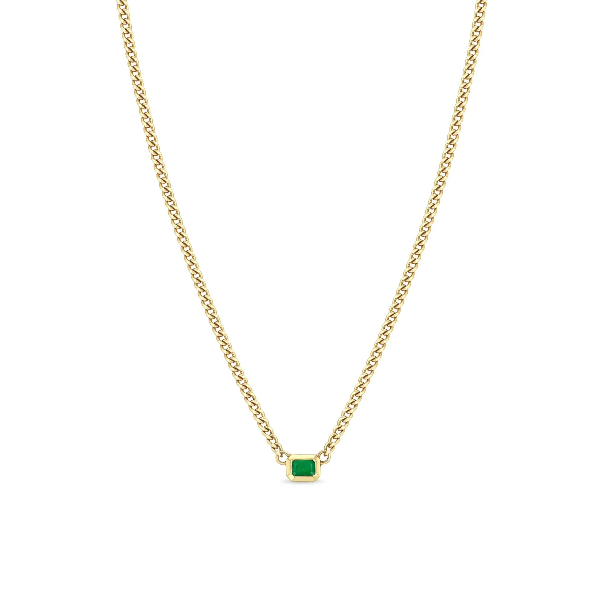 14k Emerald Cut Emerald Bezel XS Curb Chain Necklace