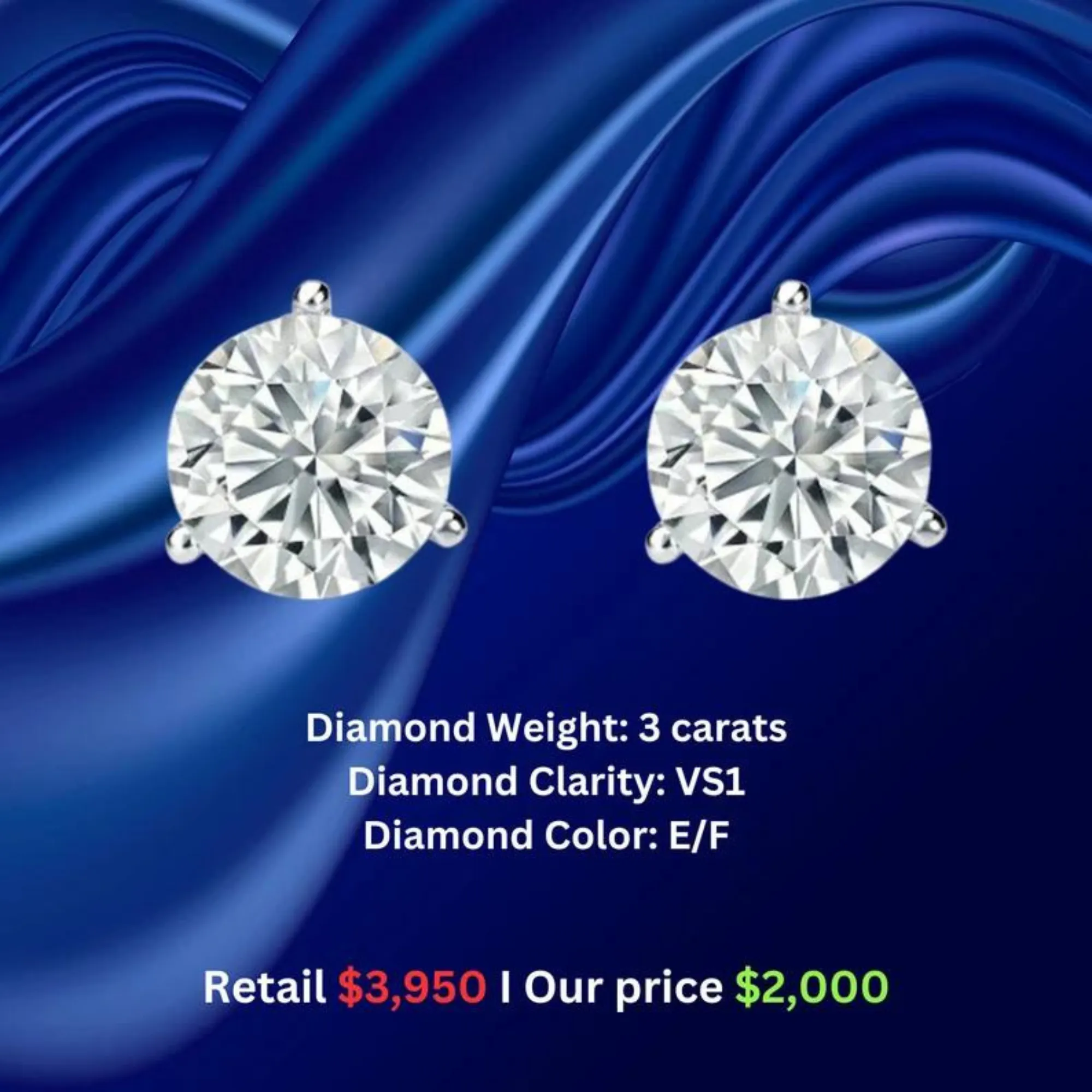 14K Solid White Gold 3 CTW Certified Lab Diamond Stud Earrings in Secure Martini Set with Screwback