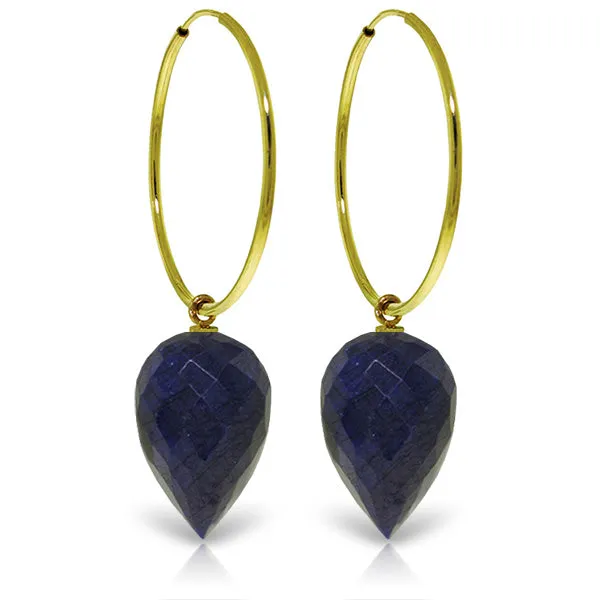 14K Solid Yellow Gold Hoop Earrings w/ Pointy Briolette Drop Dyed Sapphires