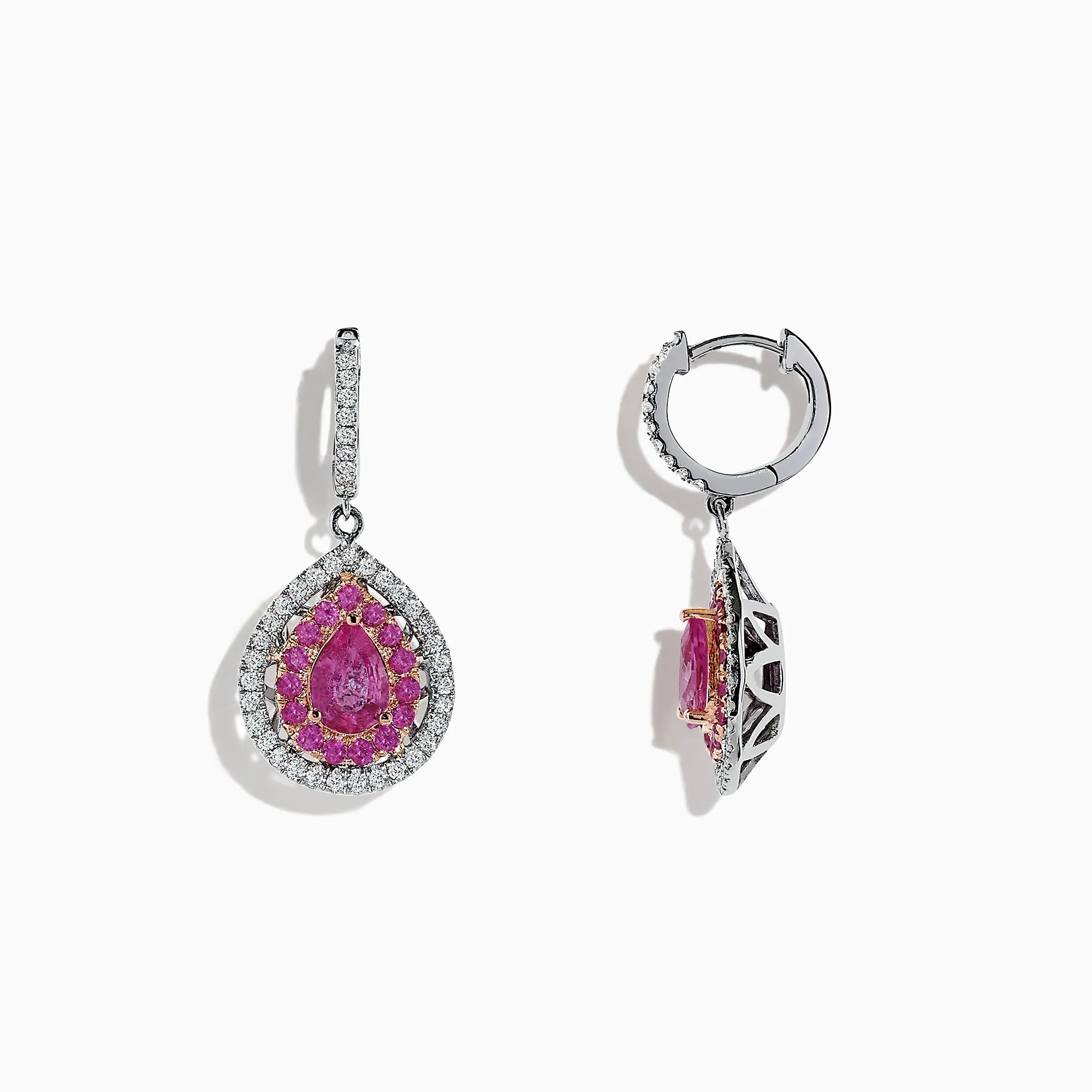 14K Two Tone Gold Pink Sapphire and Diamond Drop Earrings, 2.73 TCW