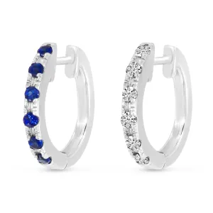 14K White Gold 0.12cttw. Diamond & 0.12cttw. Sapphire Reversible Huggie Hoop Earrings