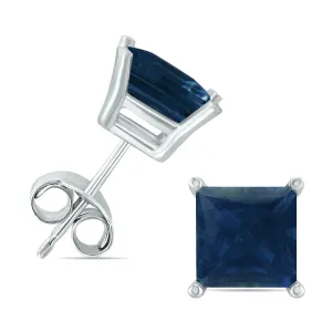 14K White Gold 4Mm Square Sapphire Gemstone Earrings