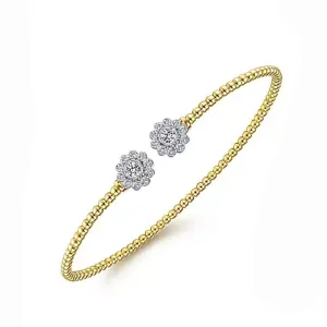 14K Yellow Gold Bujukan Split Cuff with Diamond Flowers