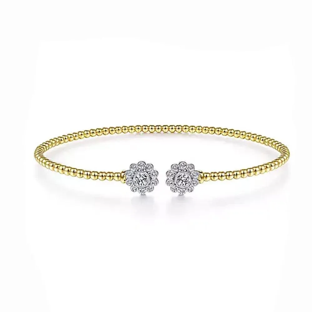 14K Yellow Gold Bujukan Split Cuff with Diamond Flowers