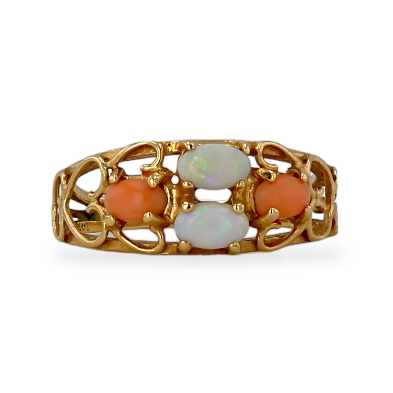 14k yellow gold opal mix coral heart design lady ring