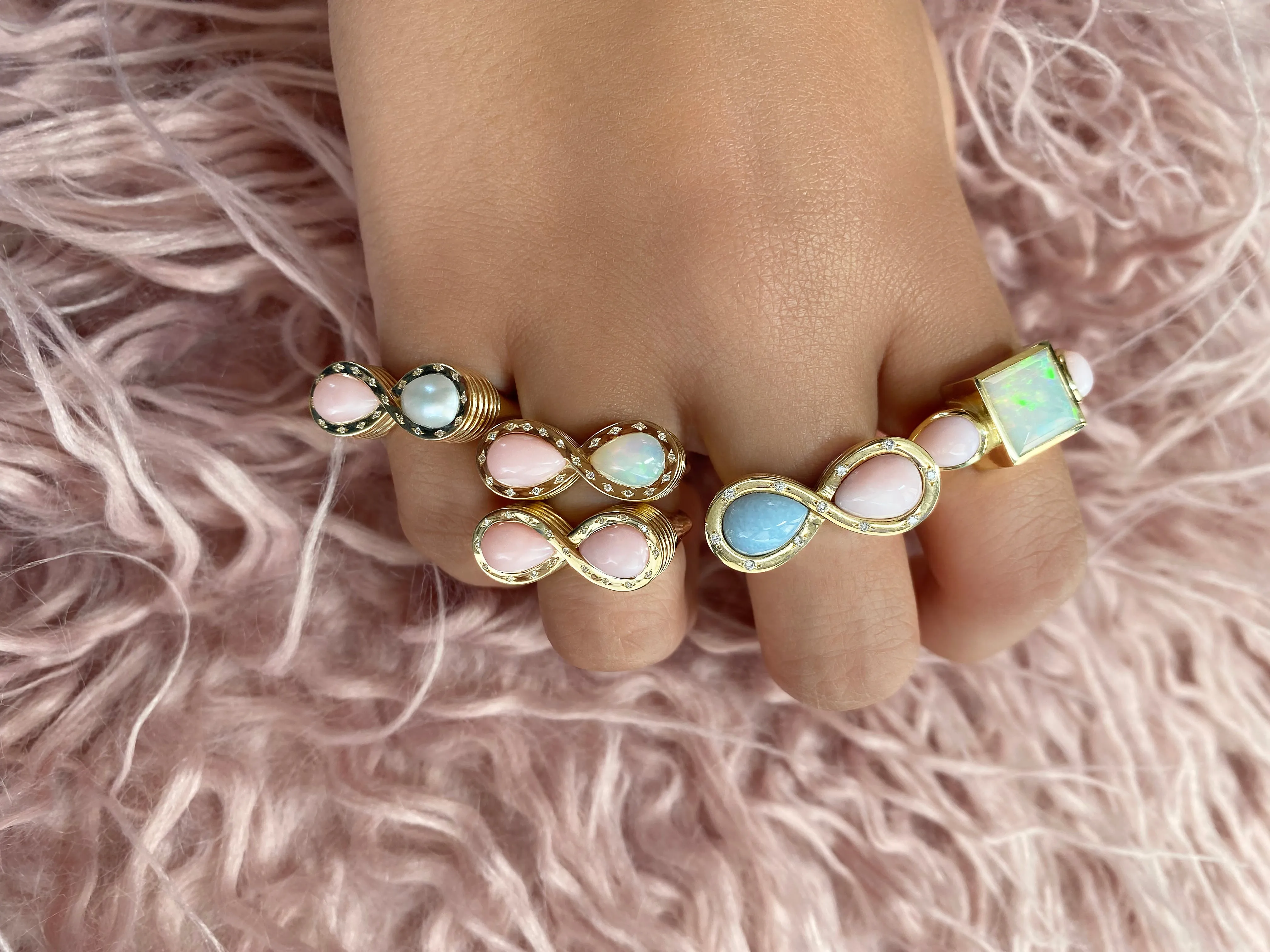 14K YG Pink Opal, Opal and Diamond Infinity Ring