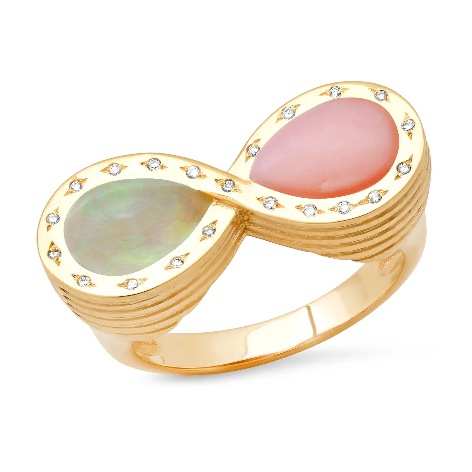 14K YG Pink Opal, Opal and Diamond Infinity Ring