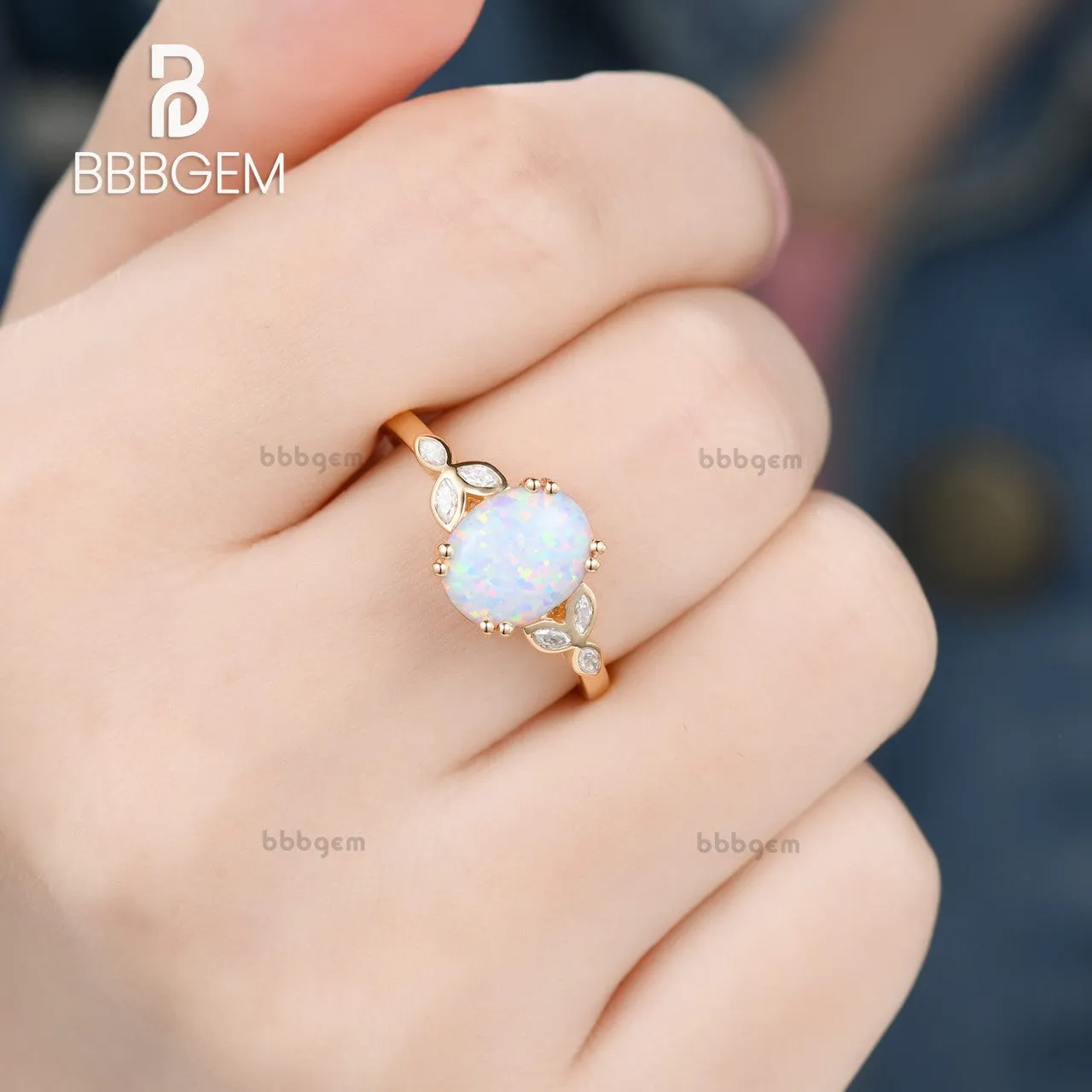 14K/18K Gold Vintage Oval White Opal Moissanite Rose Gold Engagement Ring  10x8mm 3.5 Carat