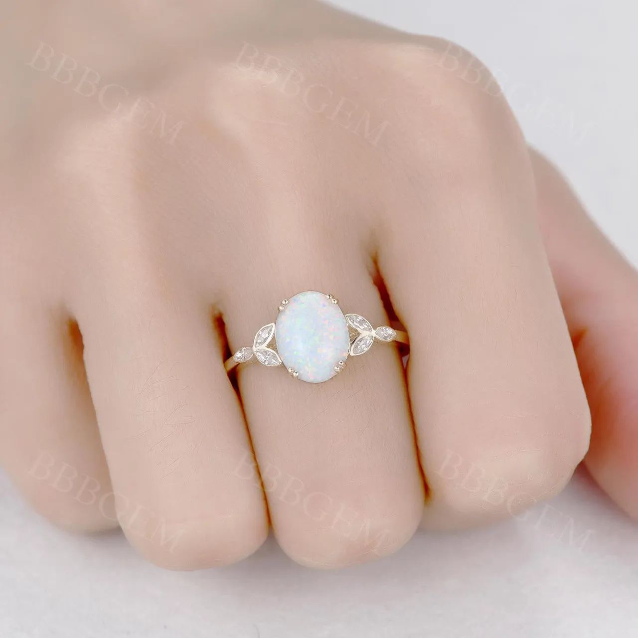 14K/18K Gold Vintage Oval White Opal Moissanite Rose Gold Engagement Ring  10x8mm 3.5 Carat