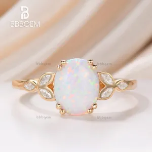 14K/18K Gold Vintage Oval White Opal Moissanite Rose Gold Engagement Ring  10x8mm 3.5 Carat