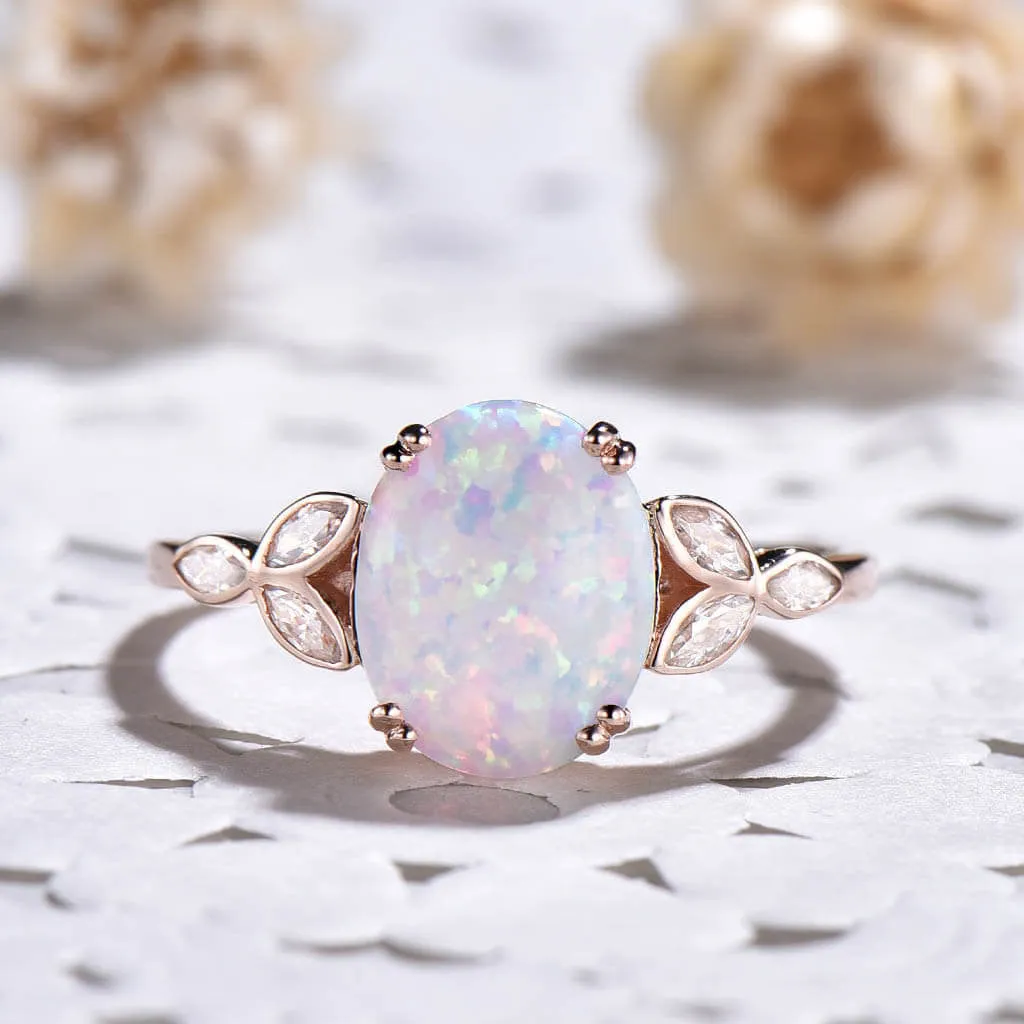 14K/18K Gold Vintage Oval White Opal Moissanite Rose Gold Engagement Ring  10x8mm 3.5 Carat