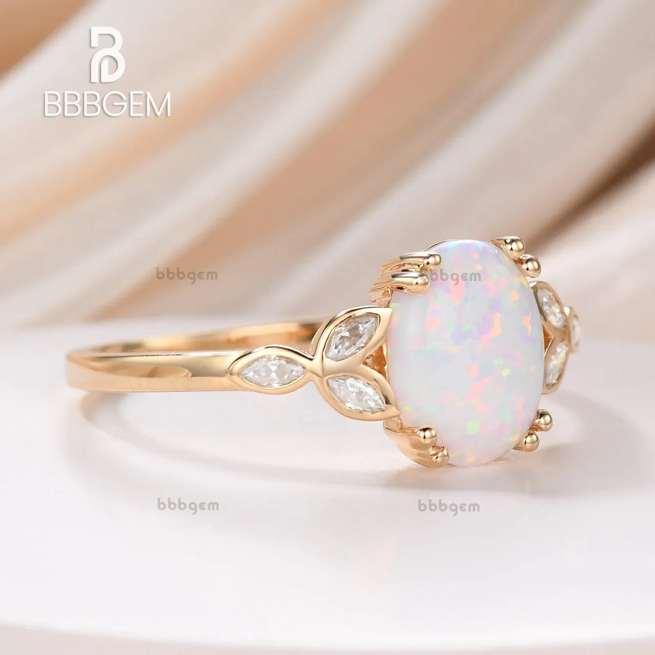 14K/18K Gold Vintage Oval White Opal Moissanite Rose Gold Engagement Ring  10x8mm 3.5 Carat