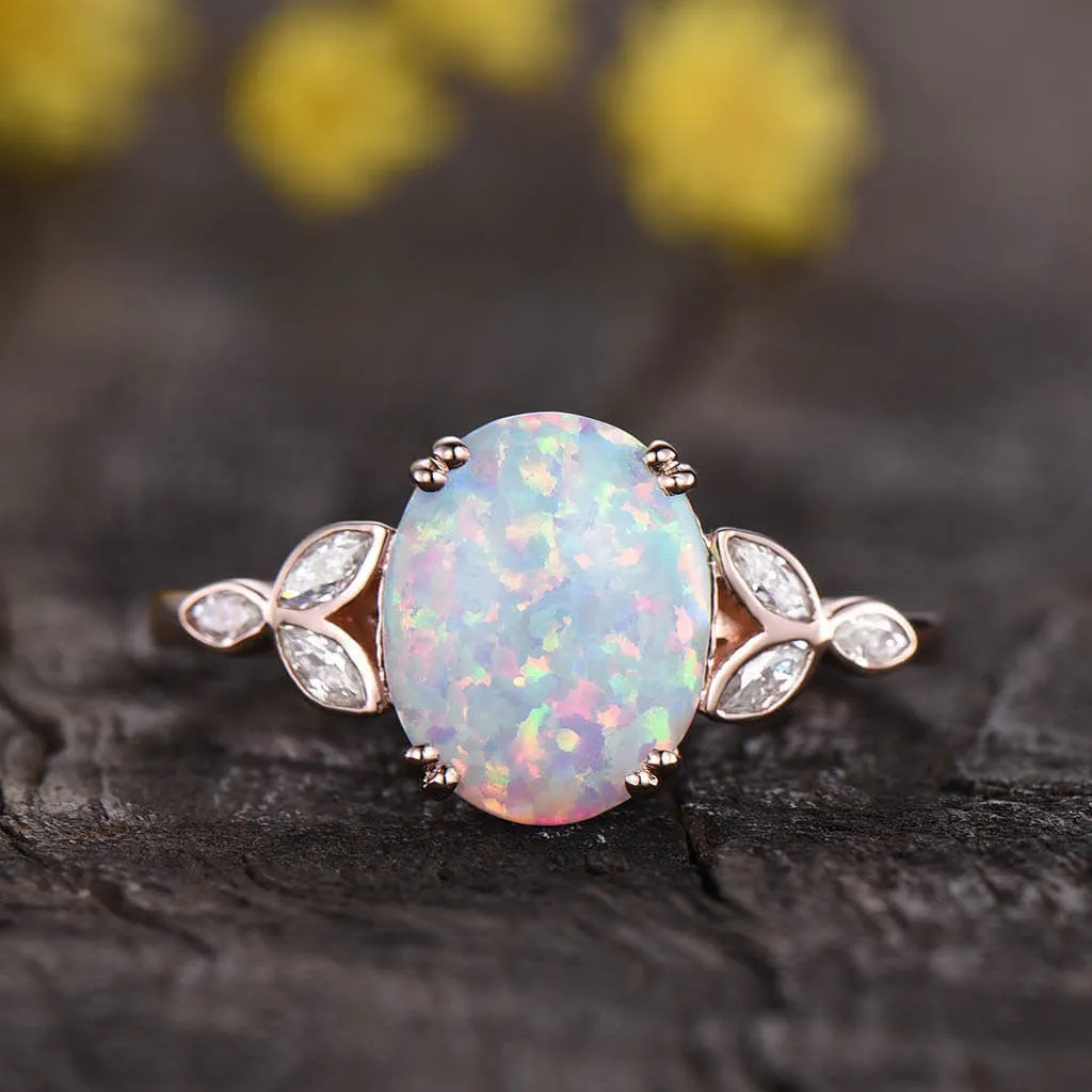 14K/18K Gold Vintage Oval White Opal Moissanite Rose Gold Engagement Ring  10x8mm 3.5 Carat