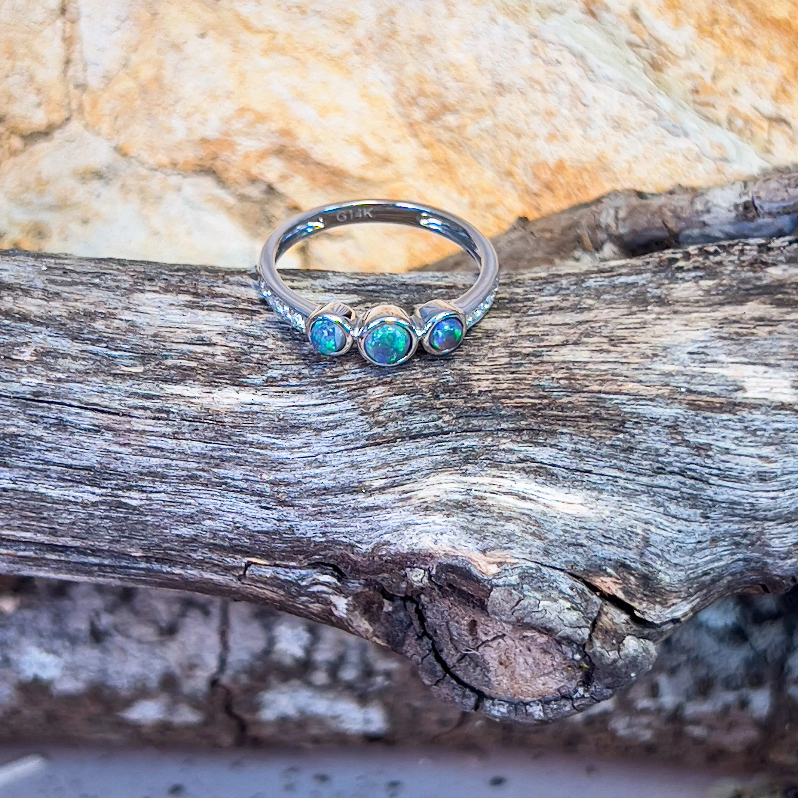 14kt White Gold 3 Black Opal and diamond ring