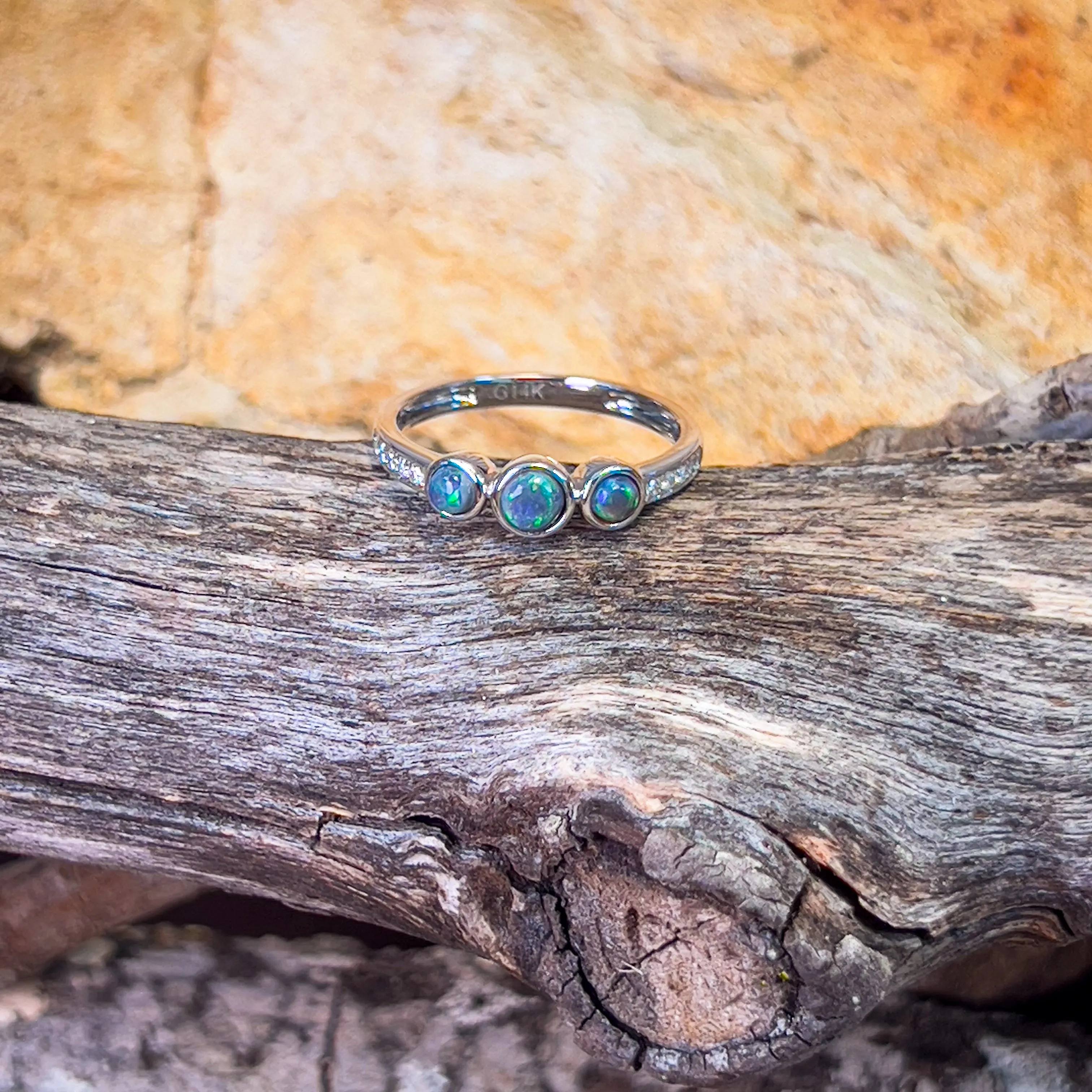 14kt White Gold 3 Black Opal and diamond ring