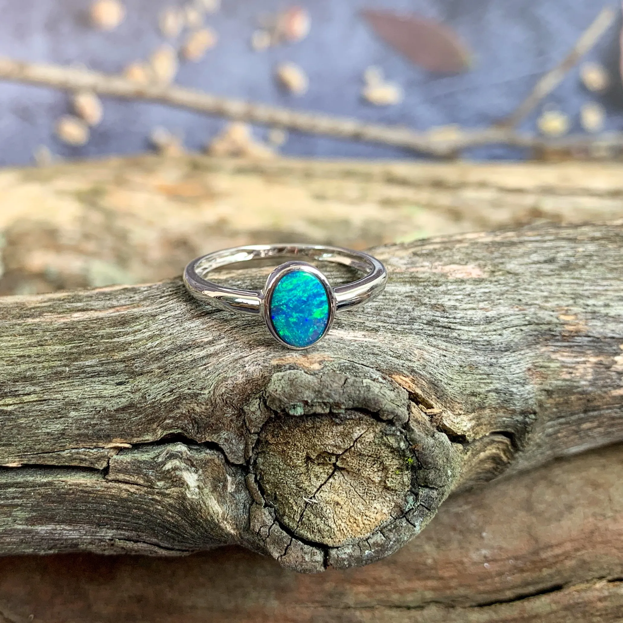 14kt White Gold Solitaire Opal doublet Blue Green bezel set ring`