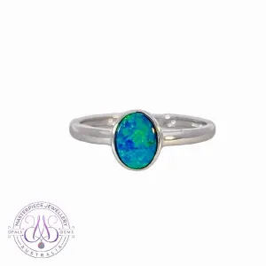 14kt White Gold Solitaire Opal doublet Blue Green bezel set ring`