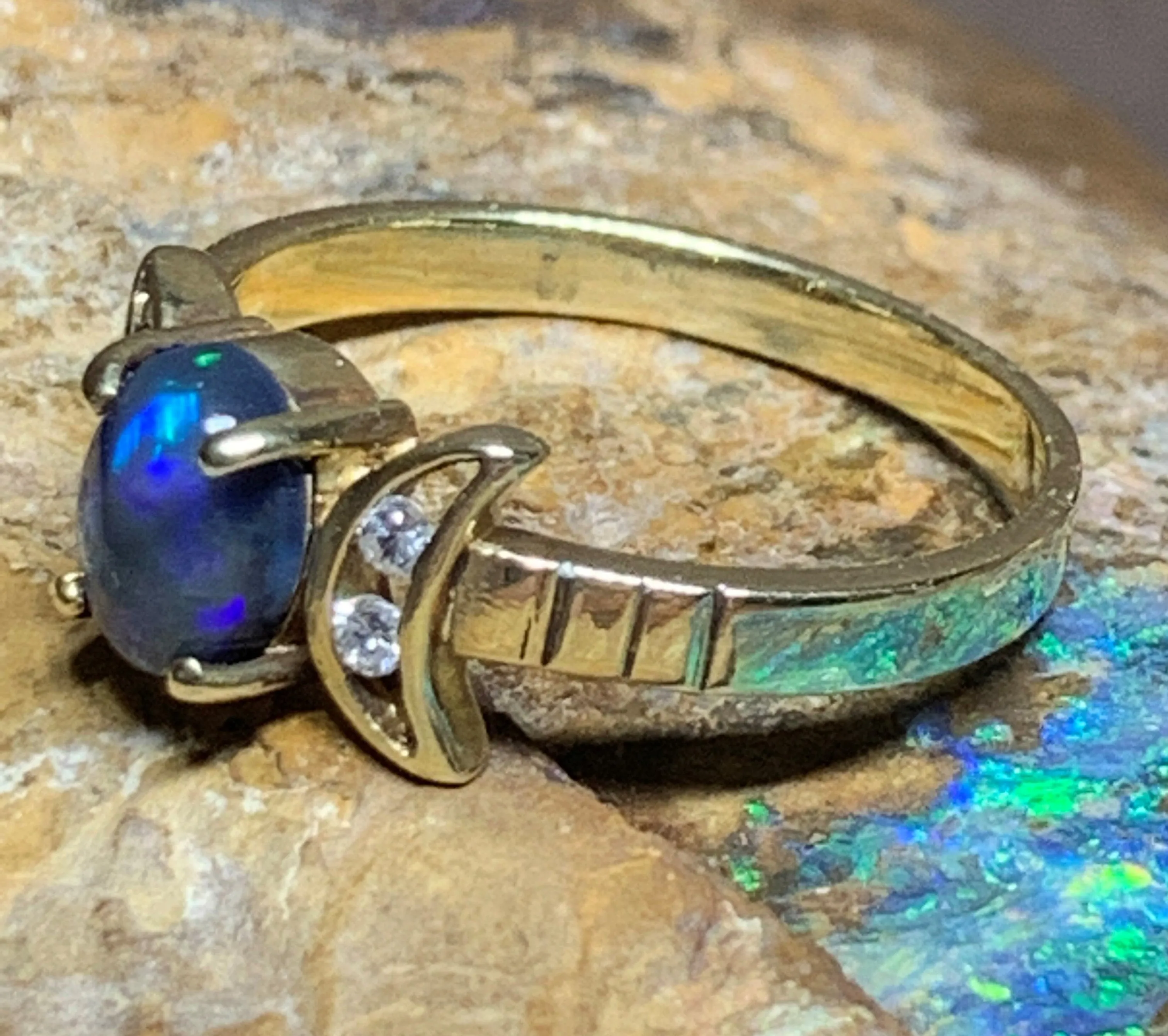 14kt Yellow Gold Black Opal and Diamond ring