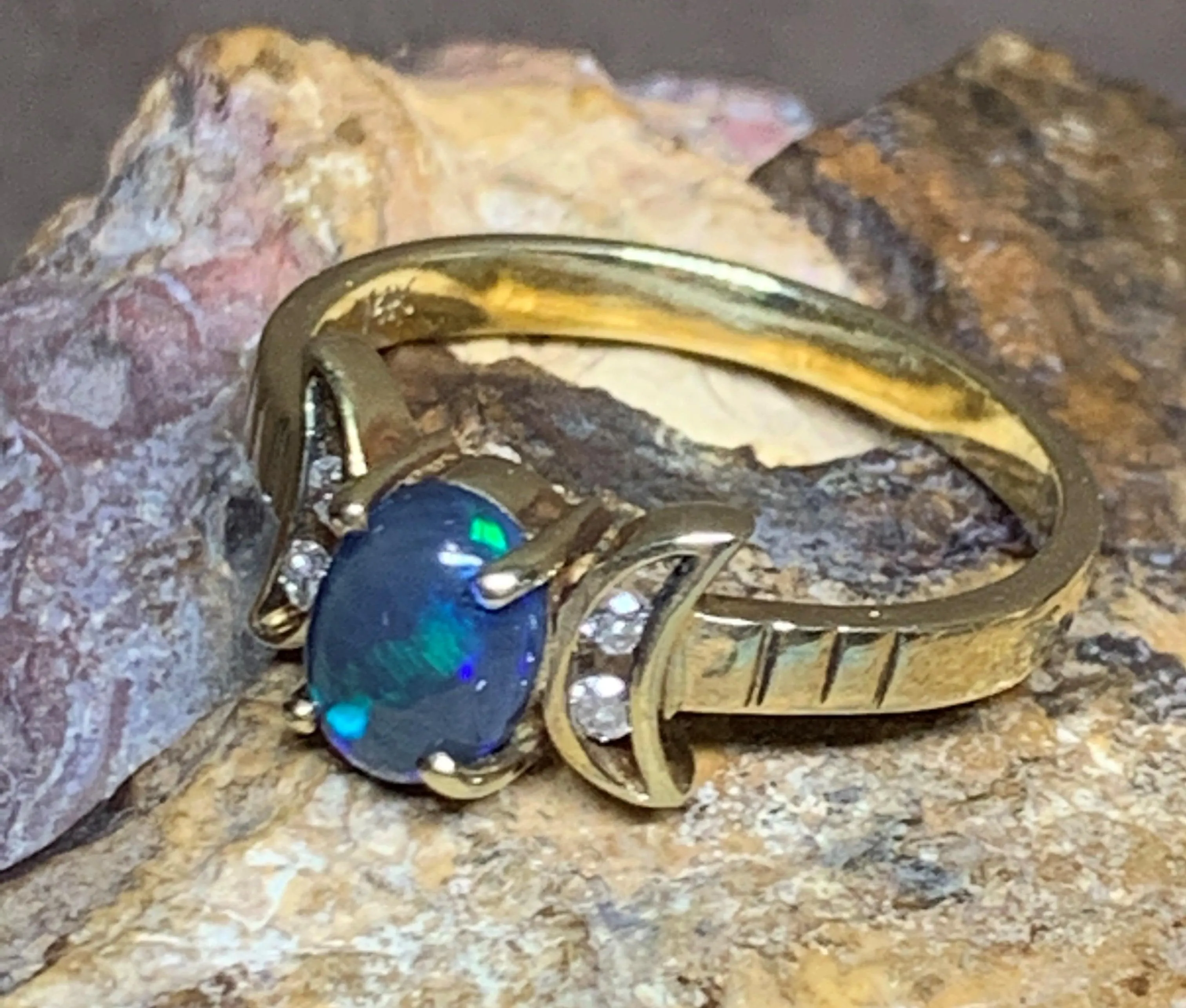 14kt Yellow Gold Black Opal and Diamond ring