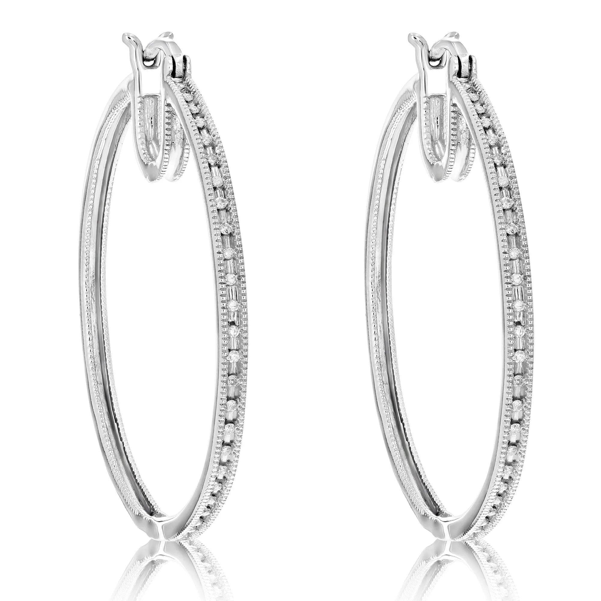 1/5 cttw Diamond Hoop Earrings .925 Sterling Silver Milgrain 46 Stones 1.50 Inch