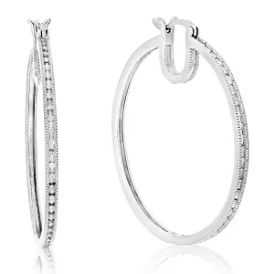 1/5 cttw Diamond Hoop Earrings .925 Sterling Silver Milgrain 46 Stones 1.50 Inch