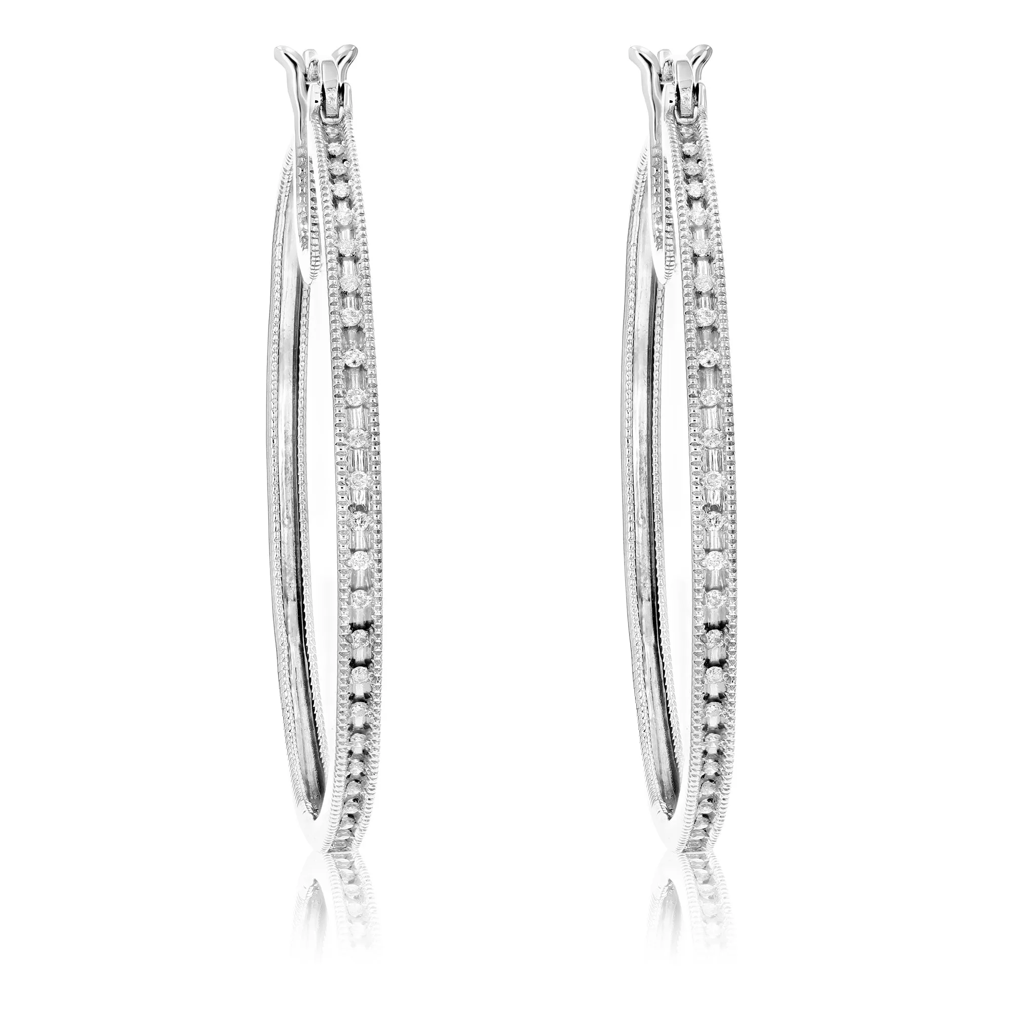 1/5 cttw Diamond Hoop Earrings .925 Sterling Silver Milgrain 46 Stones 1.50 Inch