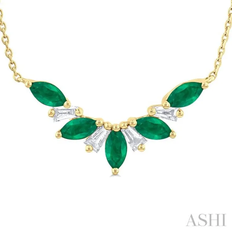 1/6 ctw Marquise Cut 5X3MM Emerald and Baguette Cut Diamond Precious Gemstone Necklace in 14K Yellow Gold