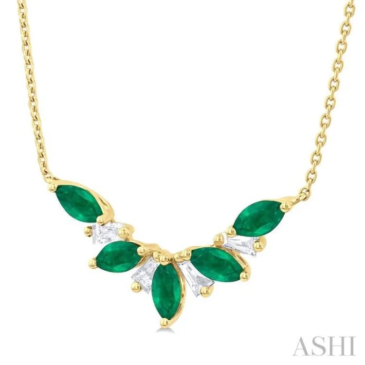 1/6 ctw Marquise Cut 5X3MM Emerald and Baguette Cut Diamond Precious Gemstone Necklace in 14K Yellow Gold