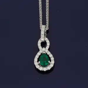 18ct White Gold Pear Cut Emerald & Diamond Necklace