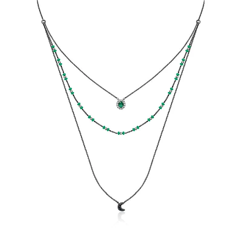 18k Gold 3 layers Stack Diamond Necklaces with Emerald bead