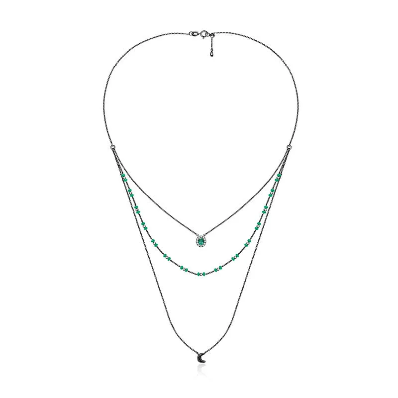 18k Gold 3 layers Stack Diamond Necklaces with Emerald bead