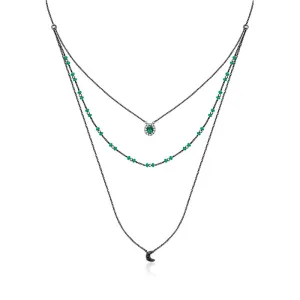 18k Gold 3 layers Stack Diamond Necklaces with Emerald bead