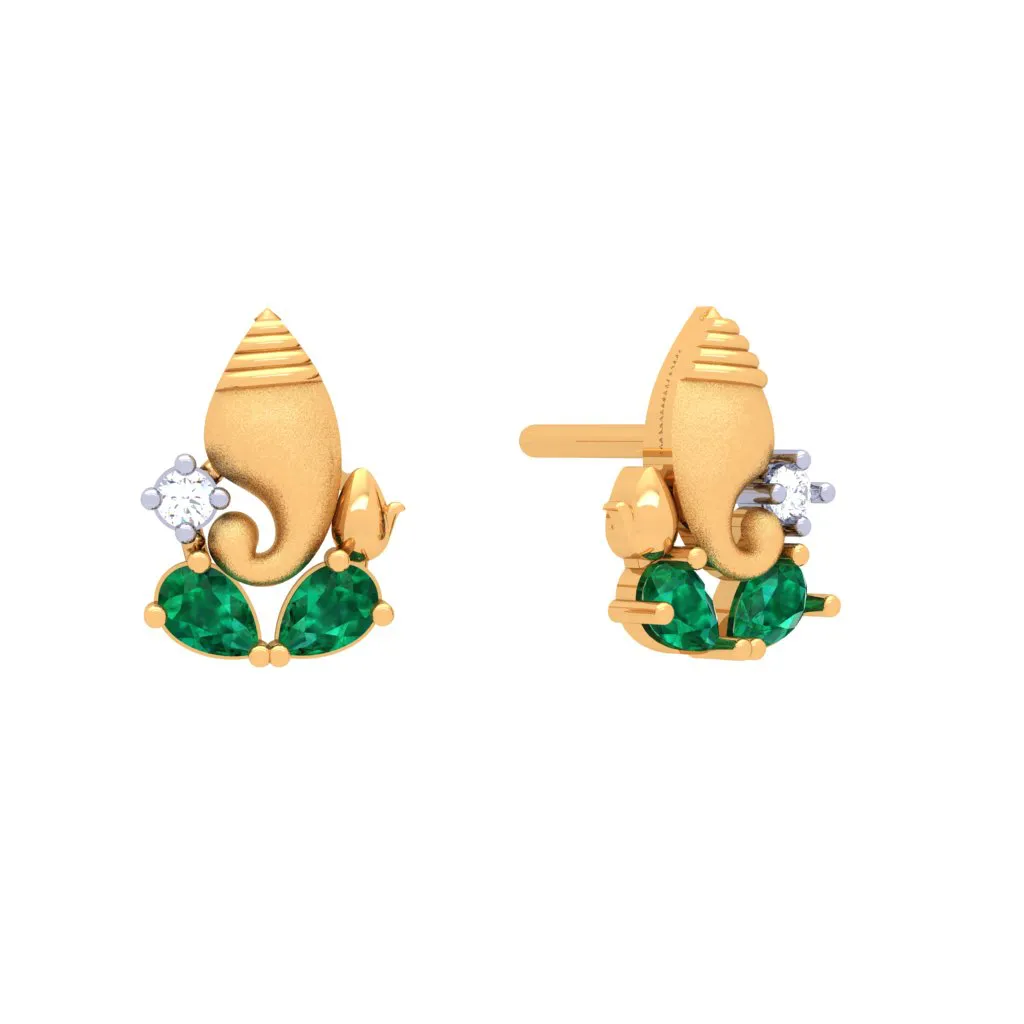 18k Gold And  Diamond Stud Earring With Green Gems From Diamond Collection