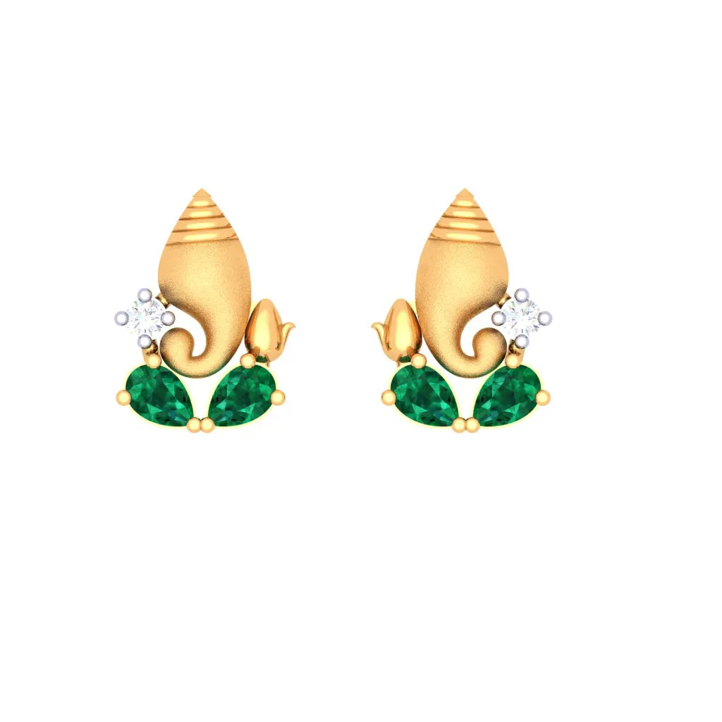 18k Gold And  Diamond Stud Earring With Green Gems From Diamond Collection