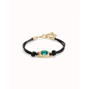 18K gold-plated leather necklace with green crystal - PUL2480VRDORO0M