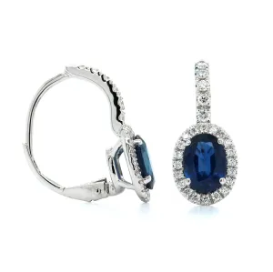 18K White Gold Diamond and Sapphire Halo Dangle Earrings