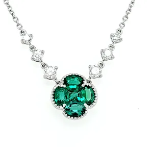 18k White Gold Emerald Clover & Diamond Necklace (I8409)