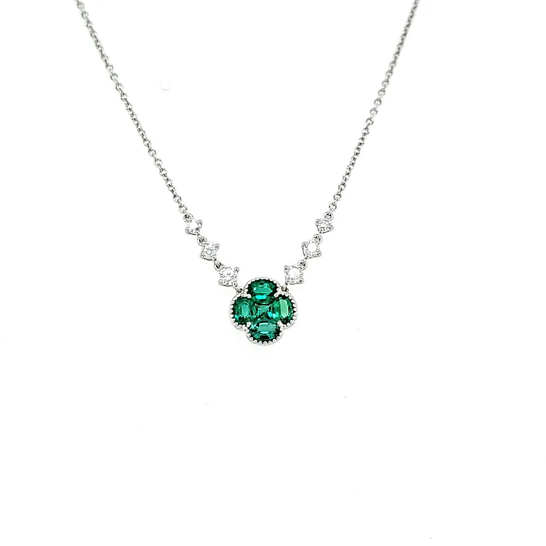 18k White Gold Emerald Clover & Diamond Necklace (I8409)